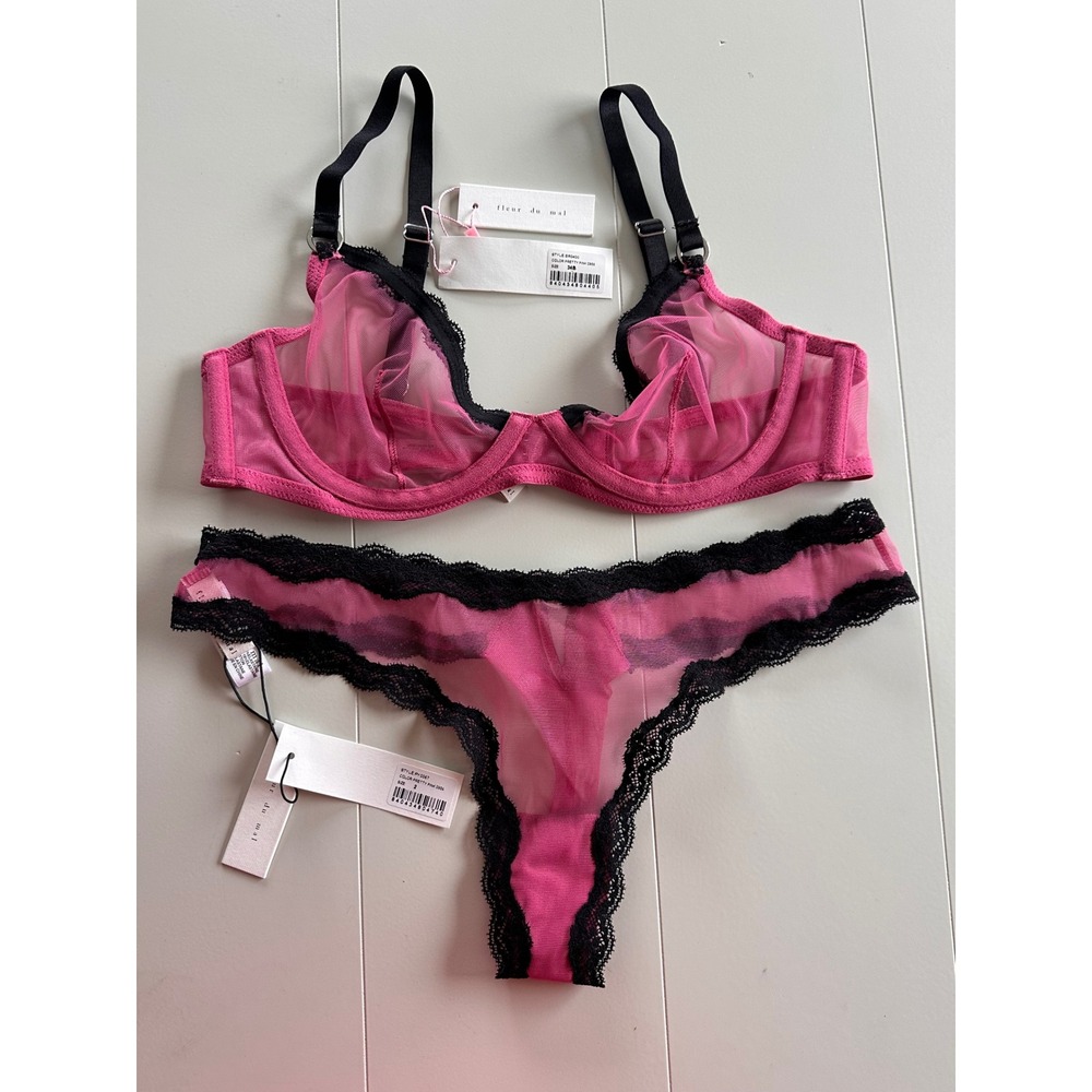 Fleur du Mal Pretty Pink Sheer Mesh Lace Bra 34B and Thong Size 2 Set BR0400
